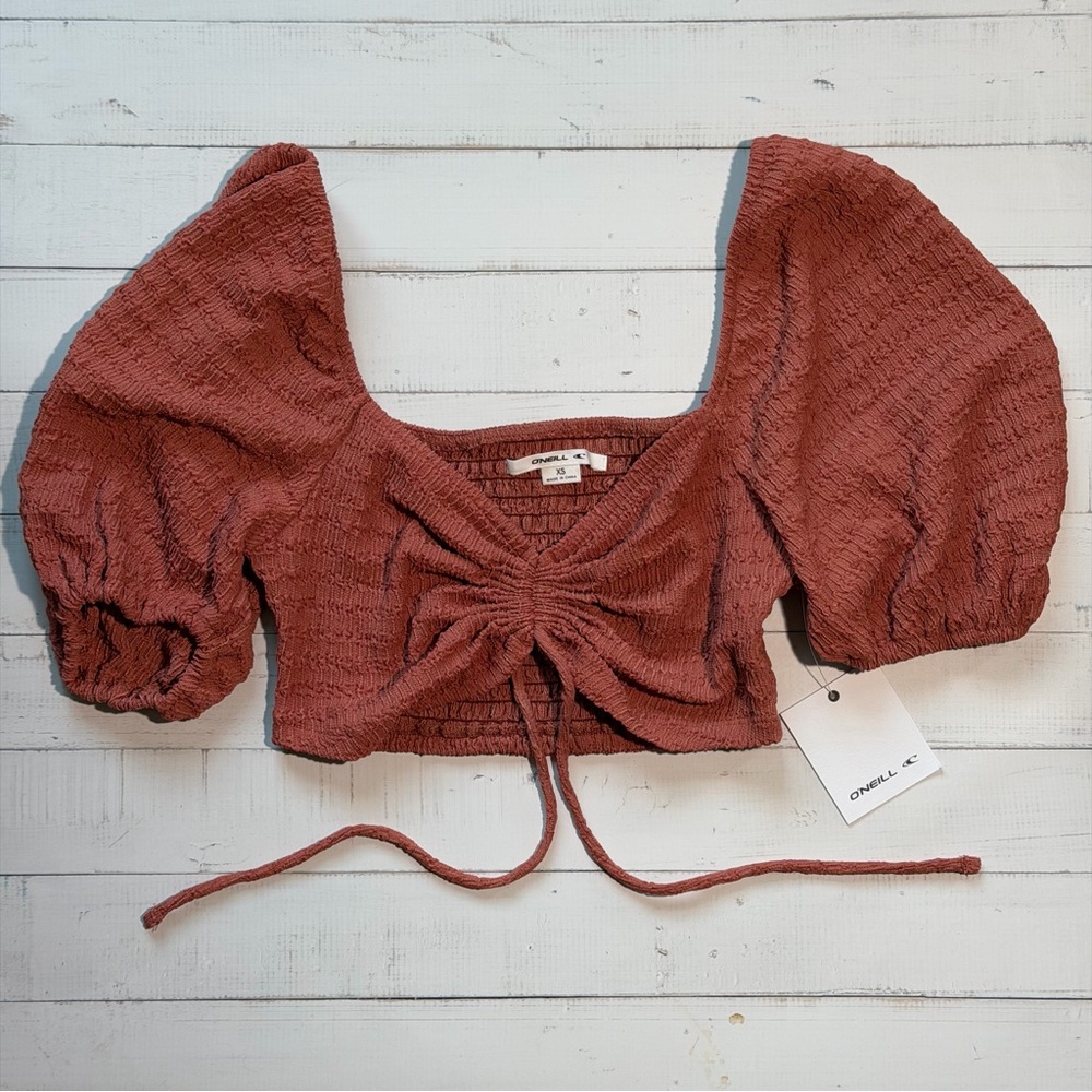 O'Neill Rust Puff-Sleeve Smocked Drawstring Crop Top